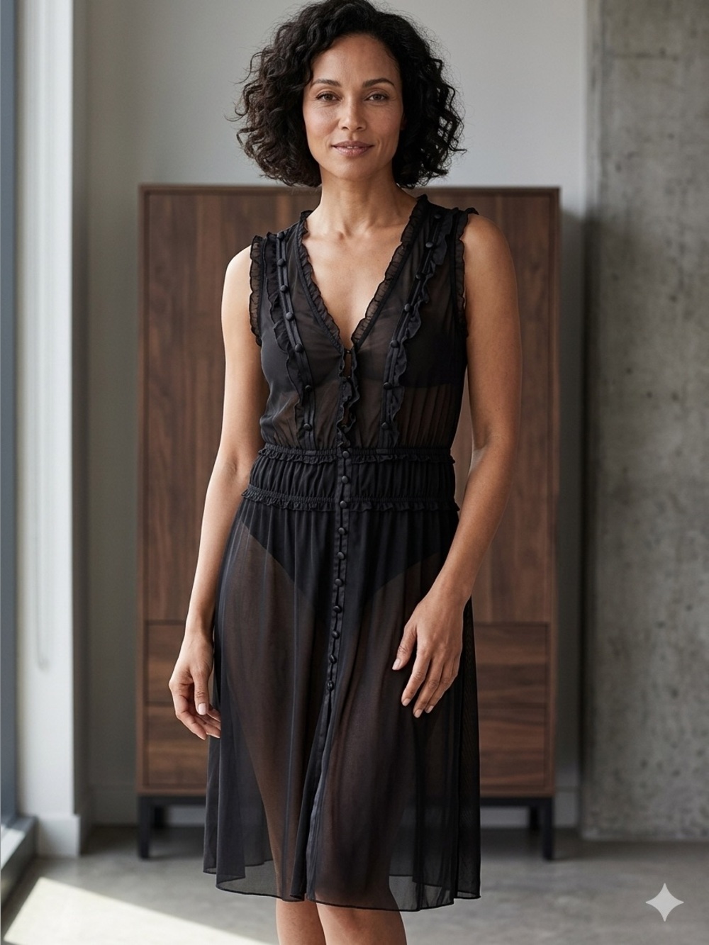 Victoria's Secret Black Sheer Satin Button Dress Gown Lingerie Ruffled Detail